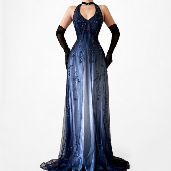 Vintage Blue Gradient Satin Mesh Floral Beaded Babydoll Style Prom Dress Size M - Picture 2 of 8